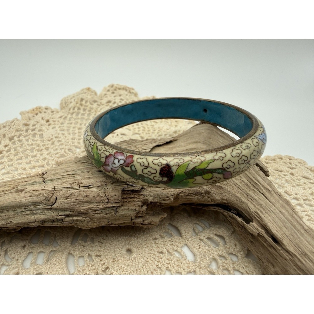 Vintage Cloisonné Medium Cream Flowers Floral Bangle 7.75 "Bracelet 0.5" Wide